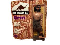 Mego Corps (c1977) One Million B.C. Orm action figure caveman (one leg detached at knee), on unpunch