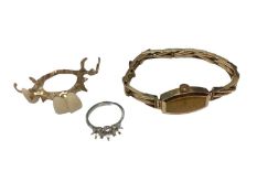 Ladies 9ct gold wristwatch on 9ct gold expandable bracelet, gold dentures and a white metal ring mou