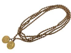 Victorian 9ct rose gold long guard chain mounted with Two gold half sovereigns