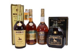 Four bottles, to include Hine Signature Fine Cognac boxed, Napoleon Hine Extra Fine Cognac boxed , M