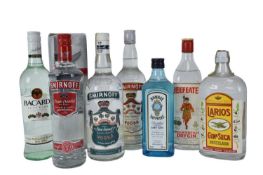 Seven bottles, to include Bombay Sapphire gin, Smirnoff vodka and other spirits