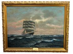 Franz Schaffner (1876-1951) oil on board - Clipper at Sea, signed, labels verso, 61cm x 81cm, in gil