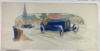 Marguerite Gamy (1883-1936) coloured lithograph - G.P de France 1913, Baillot devant Goux, 45cm x 90
