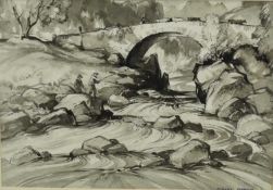 Albert Ribbans (1903-1966) watercolour - Fishing scene, monochrome, 27cm x 38cm, signed and framed