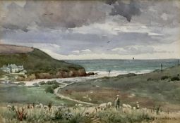 John Witcombe (1872-1928) watercolour - Shepherd and his flock above a coastal bay, signed and dated