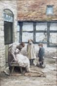 Sentimental watercolour of rustic scene by C.W. Morsley - two children watching sheep being clipped,