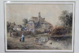 Fred Fitch (act.1880-1925) watercolour - figure in a rural lane before cottages