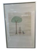 Keiko Minami (1909/11-2004) colour etching, Girl, bird and tree, signed and numbered 115/150, glazed