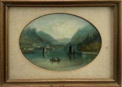 Miss F.J. Sims, oval oil on board, view of Grassmere, inscribed verso, in gilt frame, 14 x 19cm