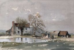 Frank Alwin, contemporary, watercolour, farmhouse with pond and depicting two figures with dog retur