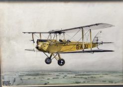 Stanley Orton Bradshaw (1903-1950) watercolour- Bi-plane in flight, signed and dated 1935, 21cm x 31