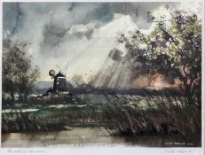 Keith Grant, contemporary, watercolour, 'The mill on the marsh', possibly Cley-next-the-sea, Norfolk