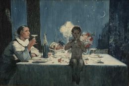 English School, contemporary, ink and watercolour - Pan and Pierrot, indistinctly signed, 33cm x 48c