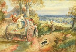 Manner of Myles Birket Foster (1825-1899), watercolour - Family in a Wagon, the Hunt beyond, bears m
