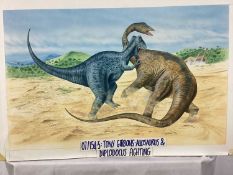 Tony Gibbons, 20th Century, three original illustrations depicting dinosaurs, each titled, 31cm x 51