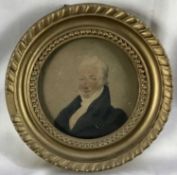Watercolour portrait miniature on paper, Circa 1825, 9.5cm x 9.5cm in gilt frame