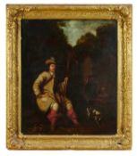 English School, 18th century, oil on panel, Sportsman with Spaniel, 61cm x 51cm, in ornate 19th cent