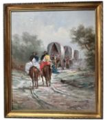 Spanish School, 20th century, oil on canvas - Spanish Gypsy Caravans, indistinctly signed, 53.5cm x