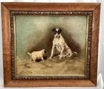 English School 1896, oil on canvas, A terrier and her pup, initialled and dated, in gilt and maple f