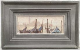 Anne Heat (b. 1945) oil on board - 'Early Start', Venice, signed with initials, 10cm x 26cm, framed