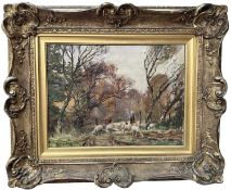 Henry Morley (1869-1937) oil on canvas - Sheep in Woodland, signed, 30cm x 40cm, in gilt frame