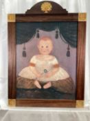 American School early 20th century, A naive oil on canvas of a child sitting on a cushion, in a deco