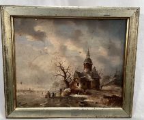 Dutch School late 19th century, A winter scene with figures skating on a frozen canal, oil on panel,