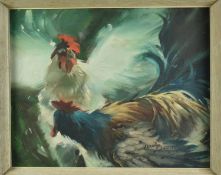 Alan J. Bowyer (1902-1986) oil on board - Pair of Cockerels, signed, 40cm x 50cm, framed