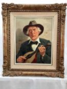 Franz Berger, oil on canvas, A 20th century of a mandolin player, wearing a wide brimmed hat, signed
