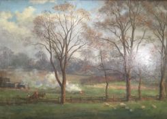 Alfred Morgan, oil on canvas, Distant view of a farm with figures and trees, signed,