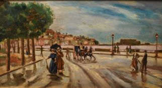 L. Mancini, oil on board, Neapolitan street scene, signed, in gilt and painted frame. 24 x 45cm.