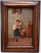 Italian School 19th century, oil on panel, interior scene with a young lad holding a budgerigar in h