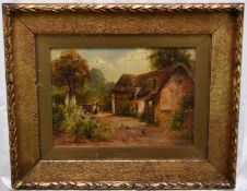 Earnest Walbourn 1872 - 1927, oil on canvas, lady and her chickens by a Cheshire cottage, signed, in