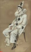 English School, contemporary, pencil and gouache - Portrait of Pierrot, indistinctly signed, 53cm x