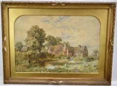 Harry Baker (1849-1875) watercolour - Sheep Grazing before a Farmhouse, monogrammed, label verso, 23