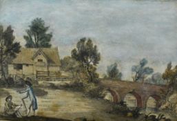 Manner of Thomas Rowlandson (1756-1827) watercolour- figure sketching in a field beside a bridge, 12
