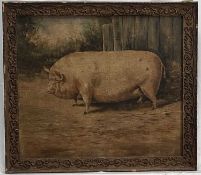 English School, A Prize Pig in a Sty. Oil on board in glazed frame