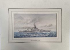 W. Sutton, watercolour - H.M.S. Thunderer at sea, circa 1924, 15cm x 25.5cm, mounted