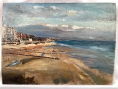 English School, early 20th century, oil on panel - Coastal Town, 26cm x 35cm, unframed