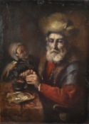 Russian School 19th century, oil on panel, a bearded man wearing a fur hat seated with his wife at a