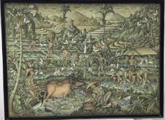 Balinese school, painting on cloth - extensive landscape, signed and inscribed Ubud, Bali, 60 x 83cm