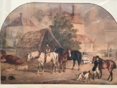 English School, 19th century, watercolour - Figures and Livestock in a Farmyard, initialled GHC, 56c