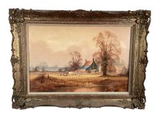 Christopher Osborne, oil on board, An Essex farm at dawn, signed also inscribed verso, in gilt frame