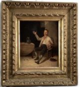 19th century Dutch-style oil on panel - man in an interior with wine, flagon and pipe, faint inscrip