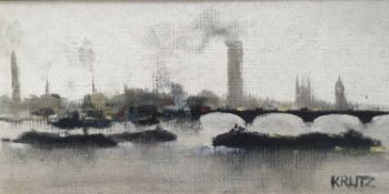 Manner of Anthony Robert Krlitz (1917-2000) oil on canvas - London, The Thames, signed, 30cm x 60cm,