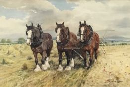 Dorothy Margaret and Elizabeth Alderson (1900-1992) watercolour - team of work horses ploughing, sig