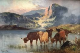 H Lambert oil on canvas - Highland cattle, signed, 40cm x 60cm, in gilt frame