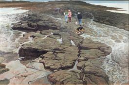 Lorraine Abrahams (RSMA 1941 -2023) oil on canvas- Sully Island The Causeway, Glamorgan, signed, 51c