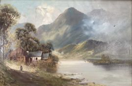 F.E.Jamieson oil on canvas - Crofters Cottage, signed with pseudonym W.Richards, inscribed on revers