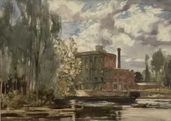 George Rushton watercolour - Dedham Mill, 26cm x 37cm, in glazed frame